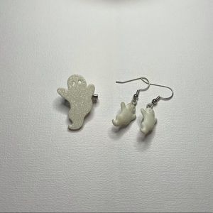 Hand-crafted Ghost Pin and Earrings